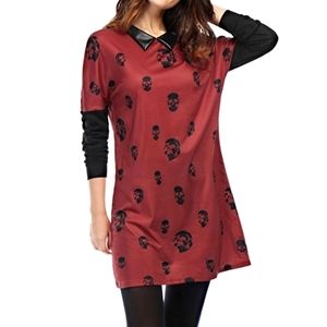 Leather Collar Skull Print Tunic Shift Dress